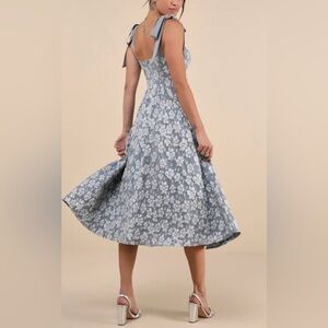 Lulus Bubbly Bliss Slate Blue Jacquard Bustier Tie-Strap Midi Dress